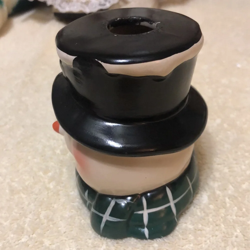 Snowman Head Ceramic Candle Holder - Top hat with Holly - 3.75”x3.25”
